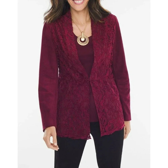 Chico's  Jacket Women's Sz 2 Red Wine Maple Faux Suede Lace Blazer V-neck - Picture 1 of 11